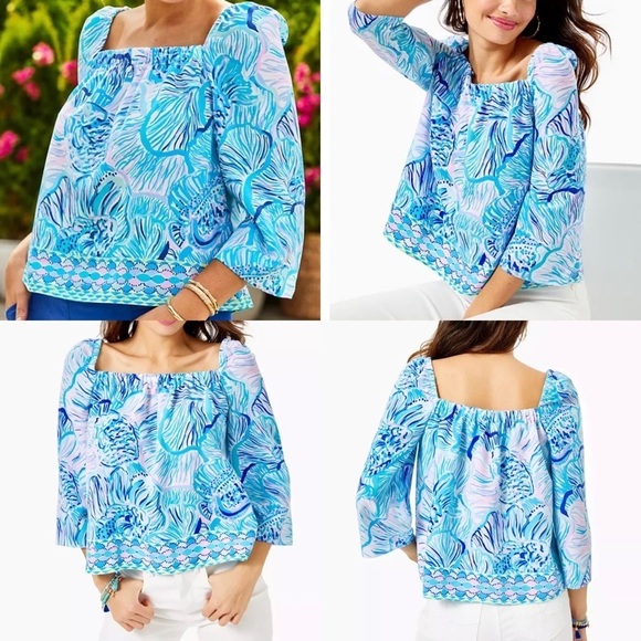 Lilly Pulitzer Lizzie Top Bermuda Blue Fishful Thinking Engineered - Picture 12 of 12